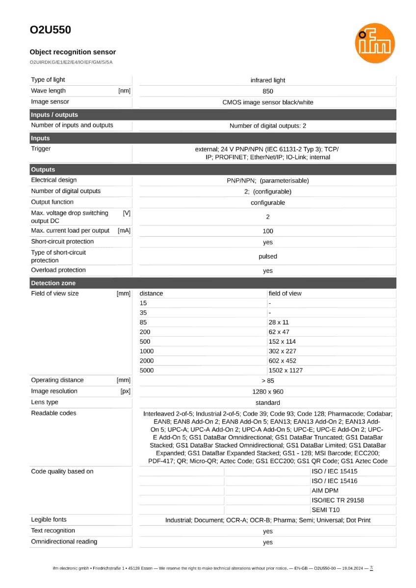 O2U550 \ efector 250 \ Object recognition \ O2UIRDKG/E1/E2/E4/IO/EF/GM/S/5A \ DE \