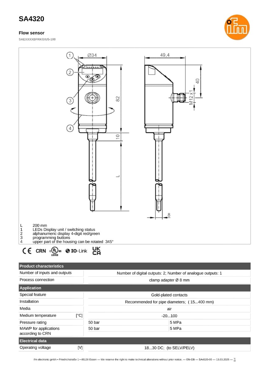 SA4320 \ efector 300 \ Flow sensors \ SAEXXXXBFRKG/US-100 \ DE \