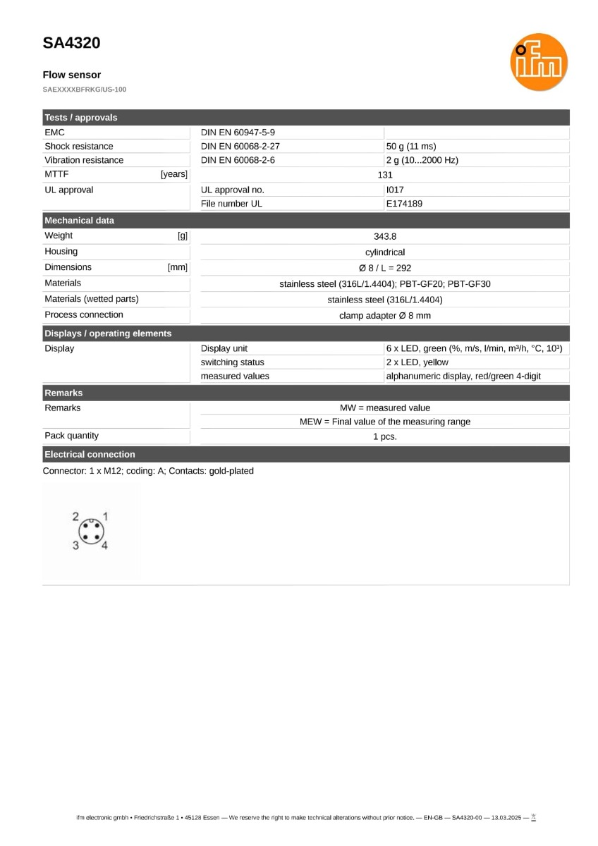 SA4320 \ efector 300 \ Flow sensors \ SAEXXXXBFRKG/US-100 \ DE \
