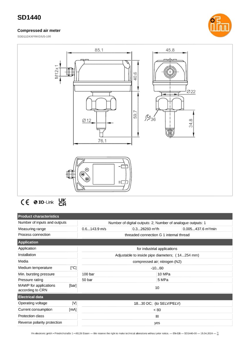 SD1440 \ efector 300 \ Flow sensors \ SDD11DXXFRKG/US-100 \ DE \