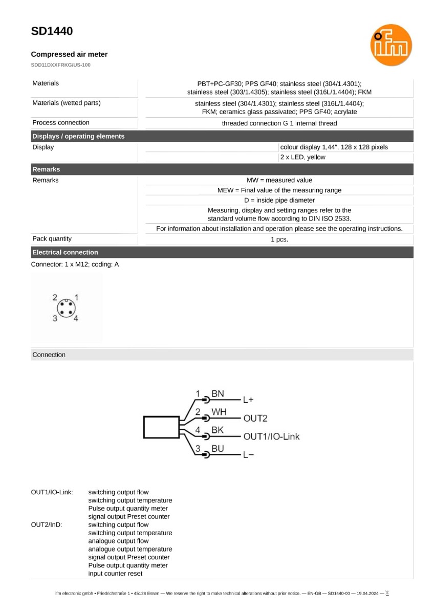 SD1440 \ efector 300 \ Flow sensors \ SDD11DXXFRKG/US-100 \ DE \