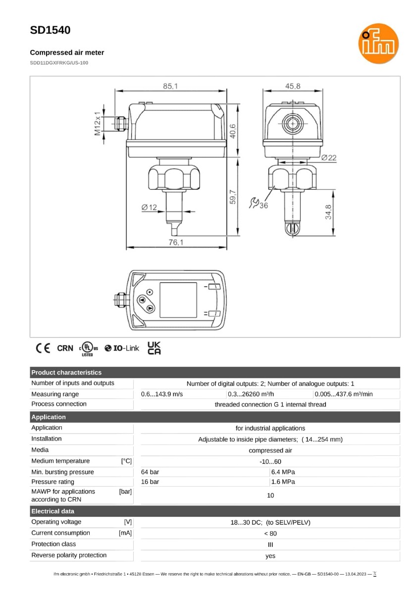 SD1540 \ efector 300 \ Flow sensors \ SDD11DGXFRKG/US-100 \ DE \