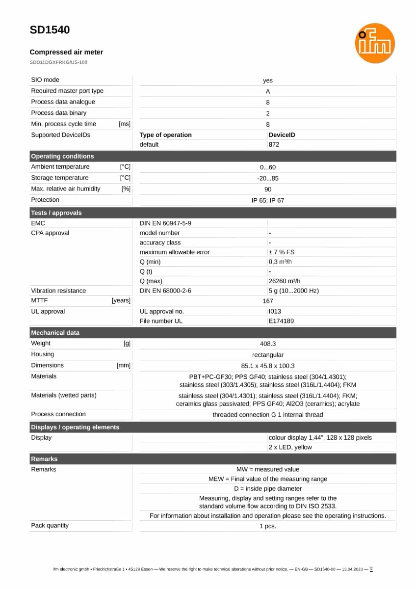 SD1540 \ efector 300 \ Flow sensors \ SDD11DGXFRKG/US-100 \ DE \