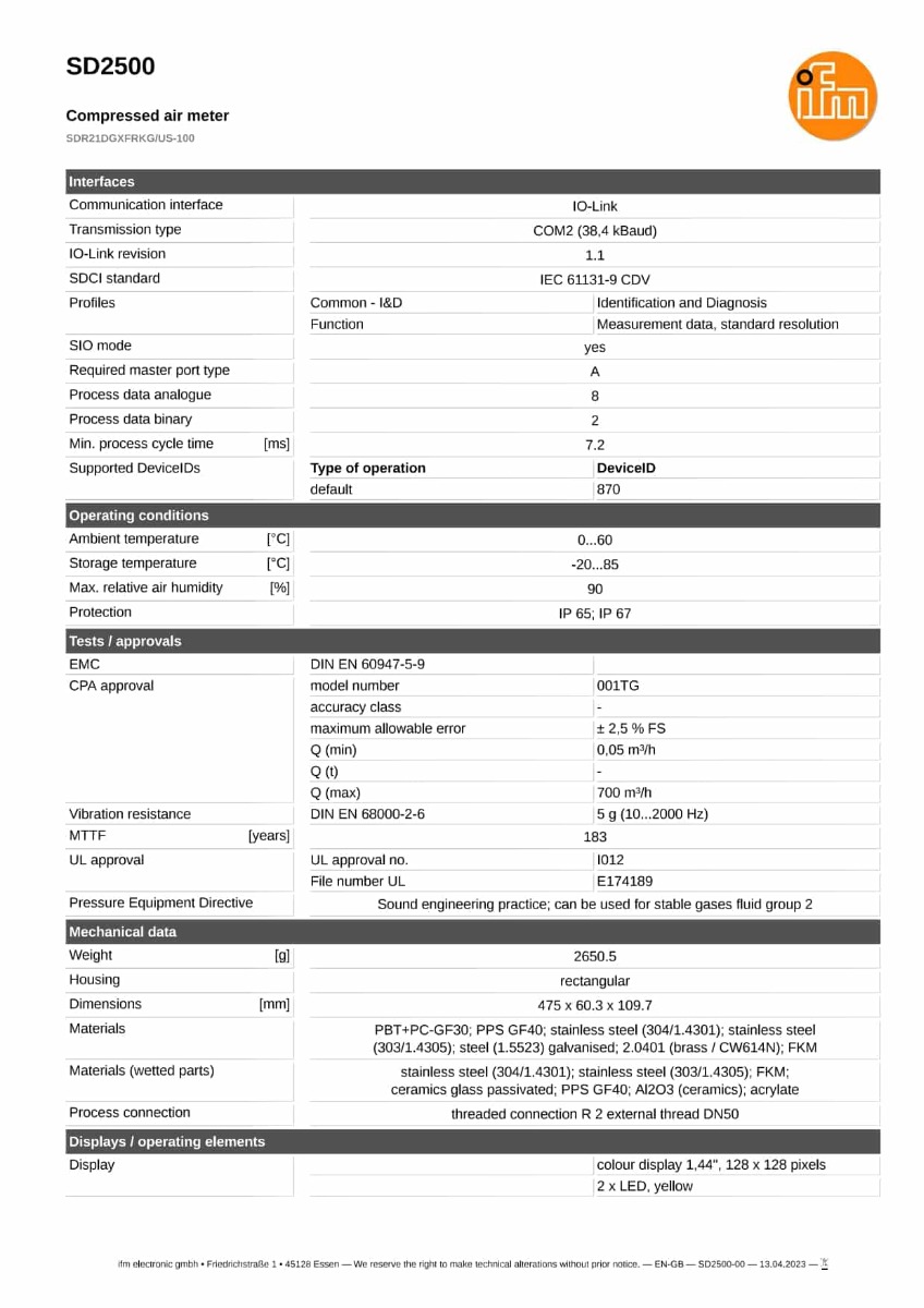SD2500 \ efector 300 \ Flow sensors \ SDR21DGXFRKG/US-100 \ DE \