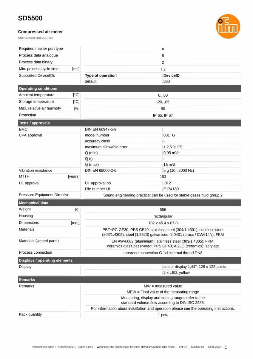 SD5500 \ efector 300 \ Flow sensors \ SDR14DGXFRKG/US-100 \ DE \