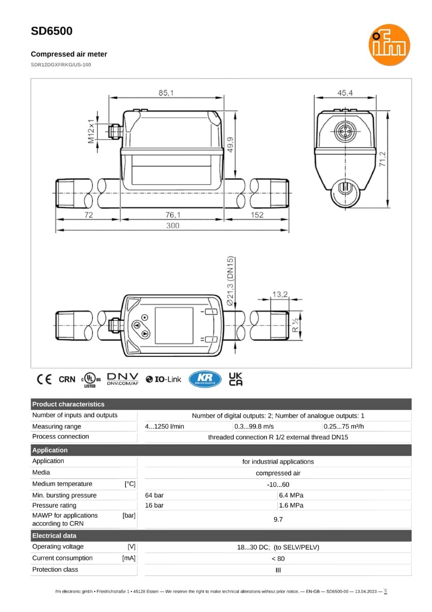 SD6500 \ efector 300 \ Flow sensors \ SDR12DGXFRKG/US-100 \ DE \
