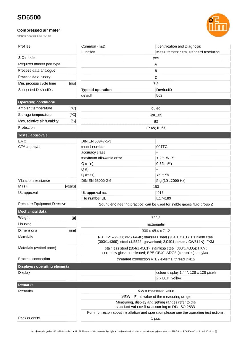 SD6500 \ efector 300 \ Flow sensors \ SDR12DGXFRKG/US-100 \ DE \