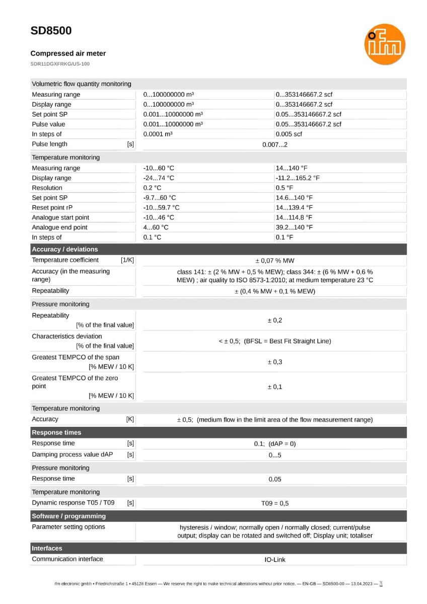 SD8500 \ efector 300 \ Flow sensors \ SDR11DGXFRKG/US-100 \ DE \