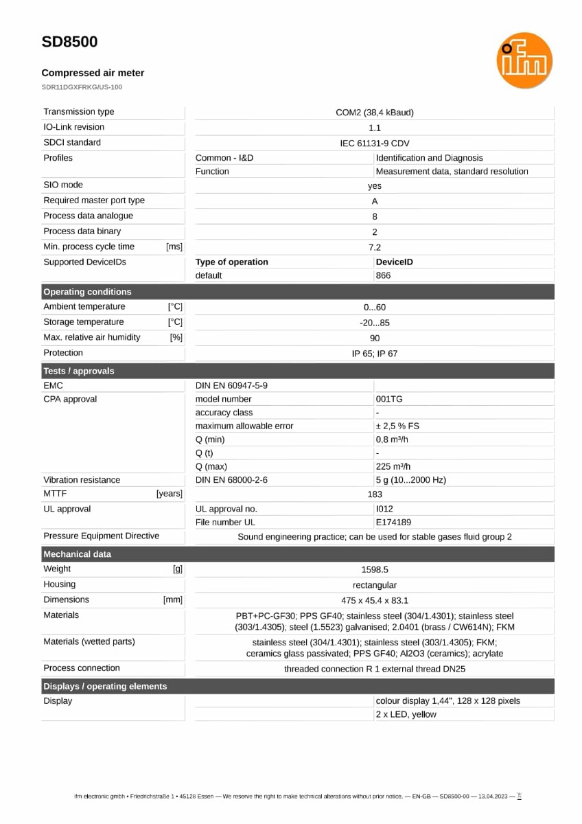 SD8500 \ efector 300 \ Flow sensors \ SDR11DGXFRKG/US-100 \ DE \