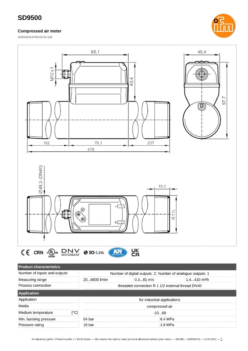 SD9500 \ efector 300 \ Flow sensors \ SDR32DGXFRKG/US-100 \ DE \