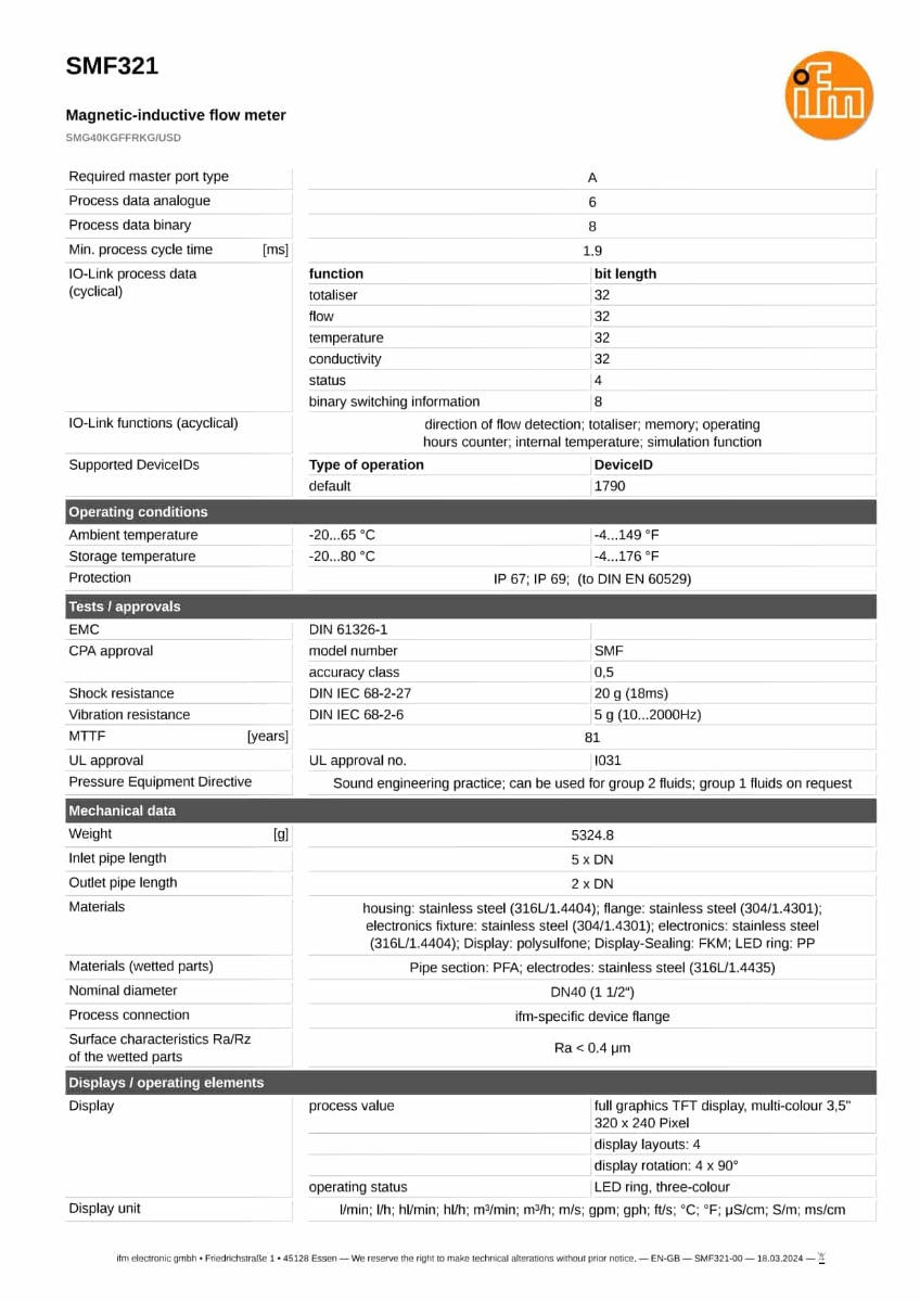 SMF321 \ efector 300 \ Flow sensors \ SMG40KGFFRKG/USD \ DE \