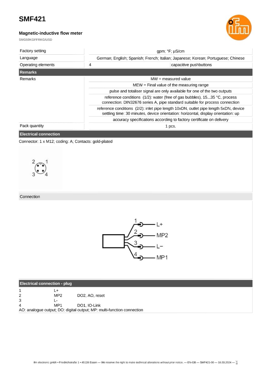 SMF421 \ efector 300 \ Flow sensors \ SMG50KGFFRKG/USD \ DE \