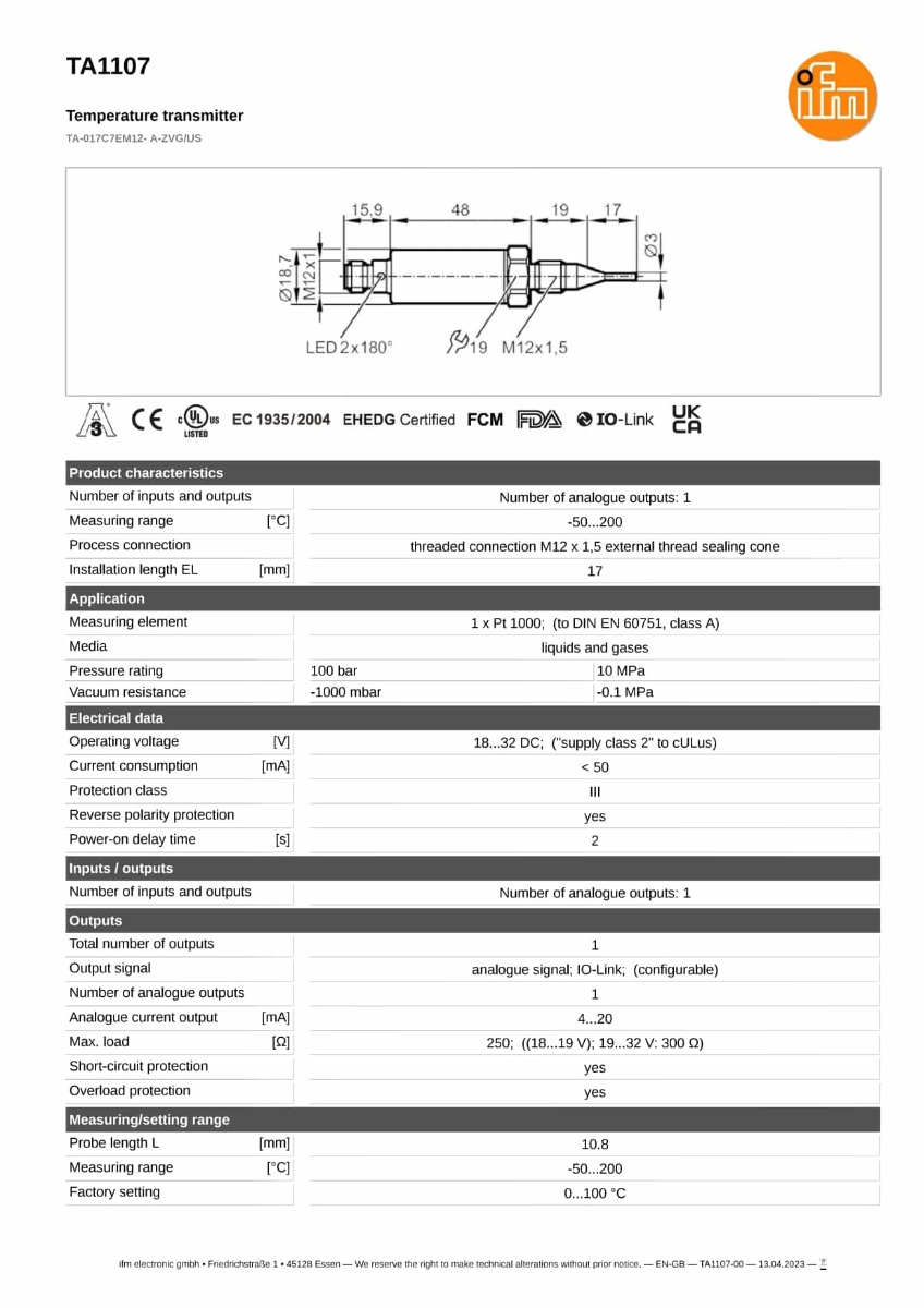 TA1107 \ efector 600 \ Temperature sensors \ TA-017C7EM12- A-ZVG/US \ US \