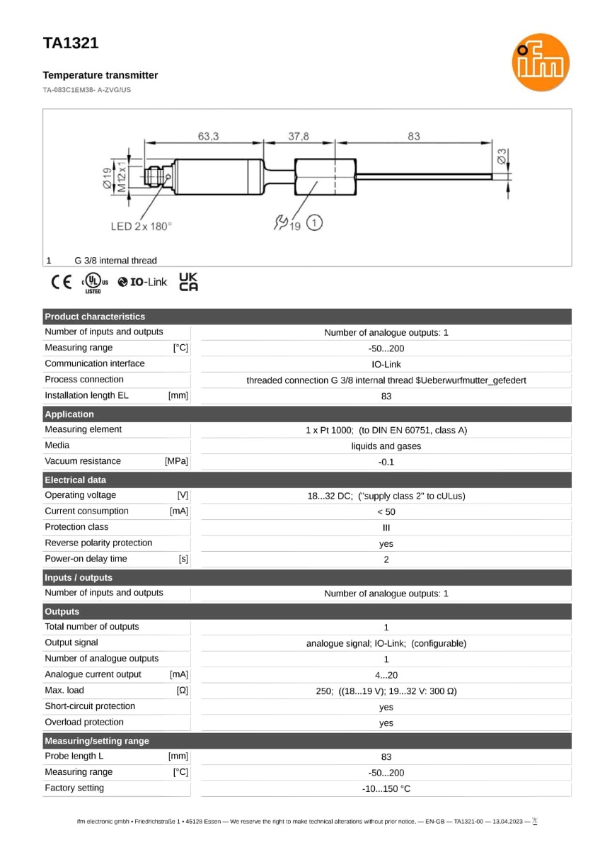 TA1321 \ efector 600 \ Temperature sensors \ TA-083C1EM38- A-ZVG/US \ US \