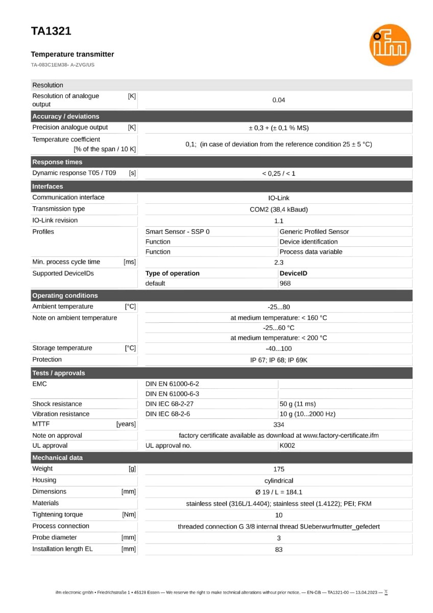 TA1321 \ efector 600 \ Temperature sensors \ TA-083C1EM38- A-ZVG/US \ US \