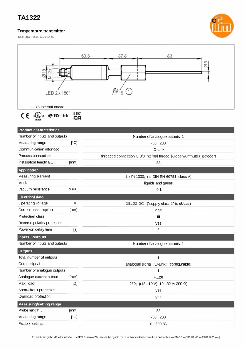  TA1322 \ efector 600 \ Temperature sensors \ TA-083C2EM38- A-ZVG/US \ US \