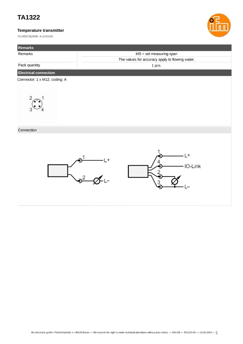  TA1322 \ efector 600 \ Temperature sensors \ TA-083C2EM38- A-ZVG/US \ US \