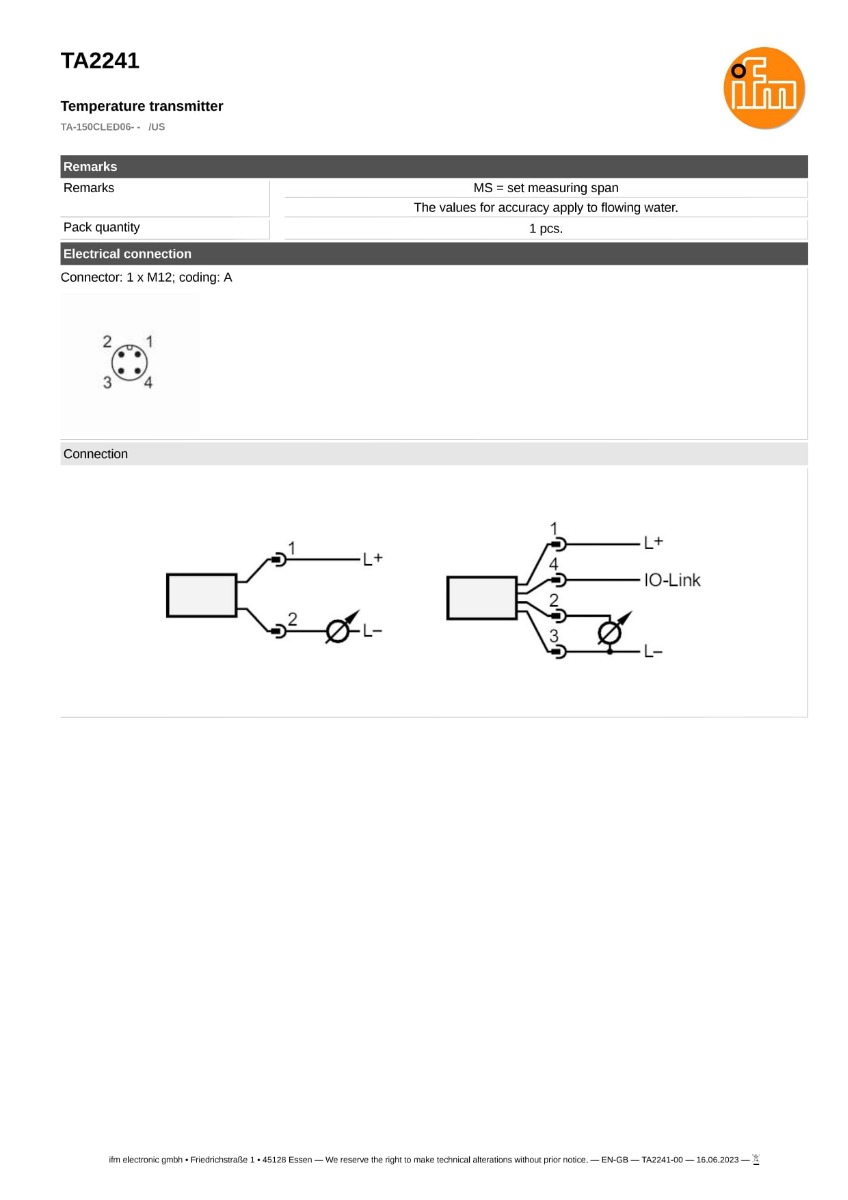TA2241 \ efector 600 \ Temperature sensors \ TA-150CLED06- - /US \ US \