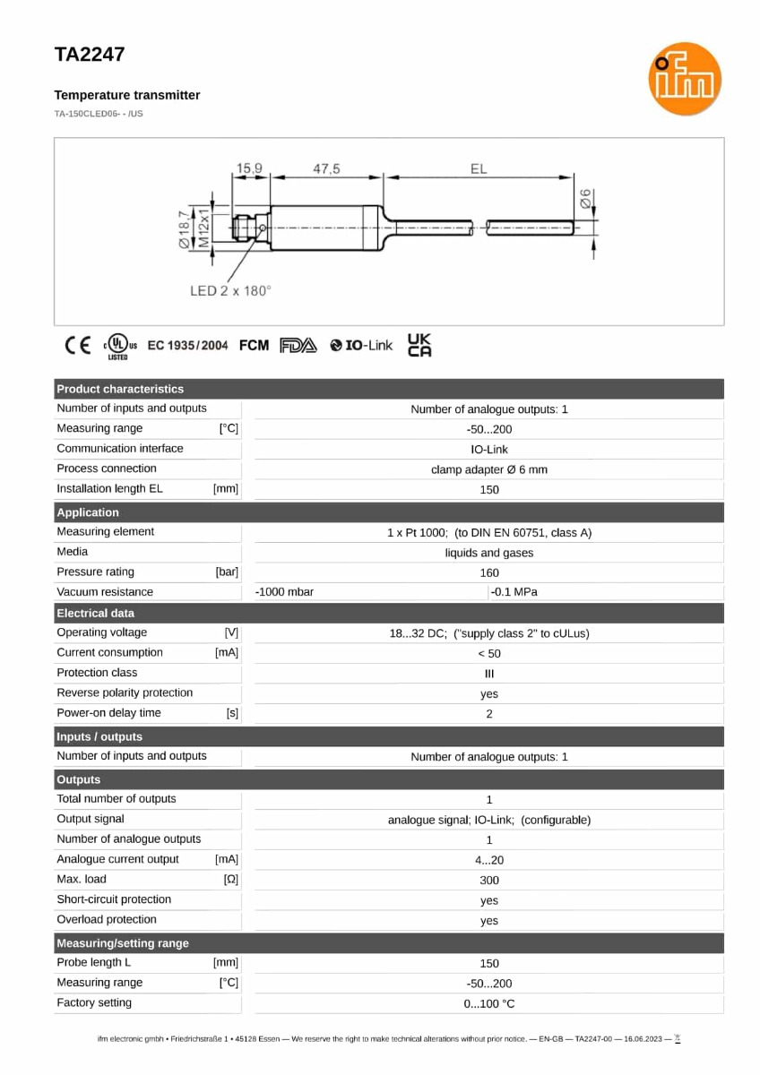  TA2247 \ efector 600 \ Temperature sensors \ TA-150CLED06- - /US \ US \