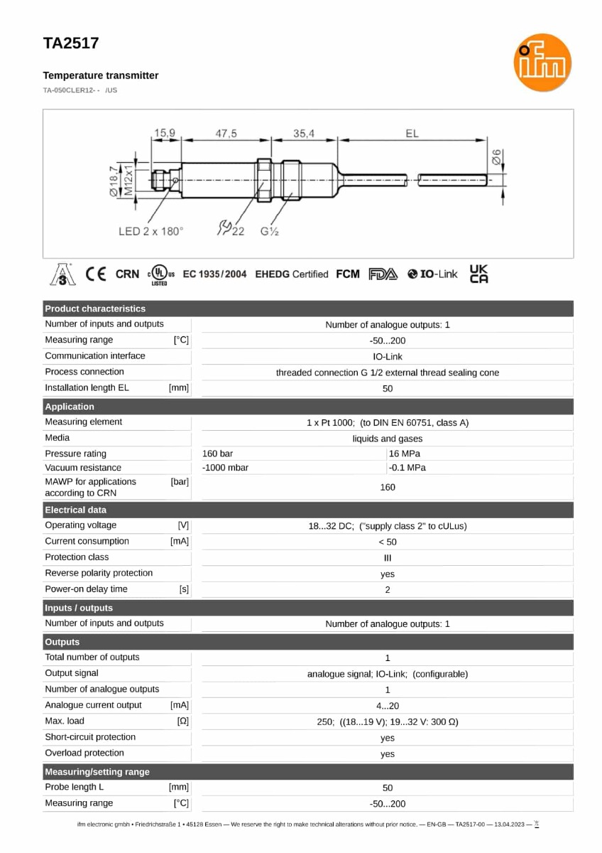 TA2517 \ efector 600 \ Temperature sensors \ TA-050CLER12- - /US \ US \