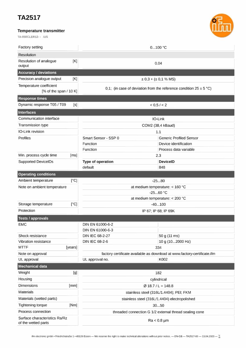 TA2517 \ efector 600 \ Temperature sensors \ TA-050CLER12- - /US \ US \