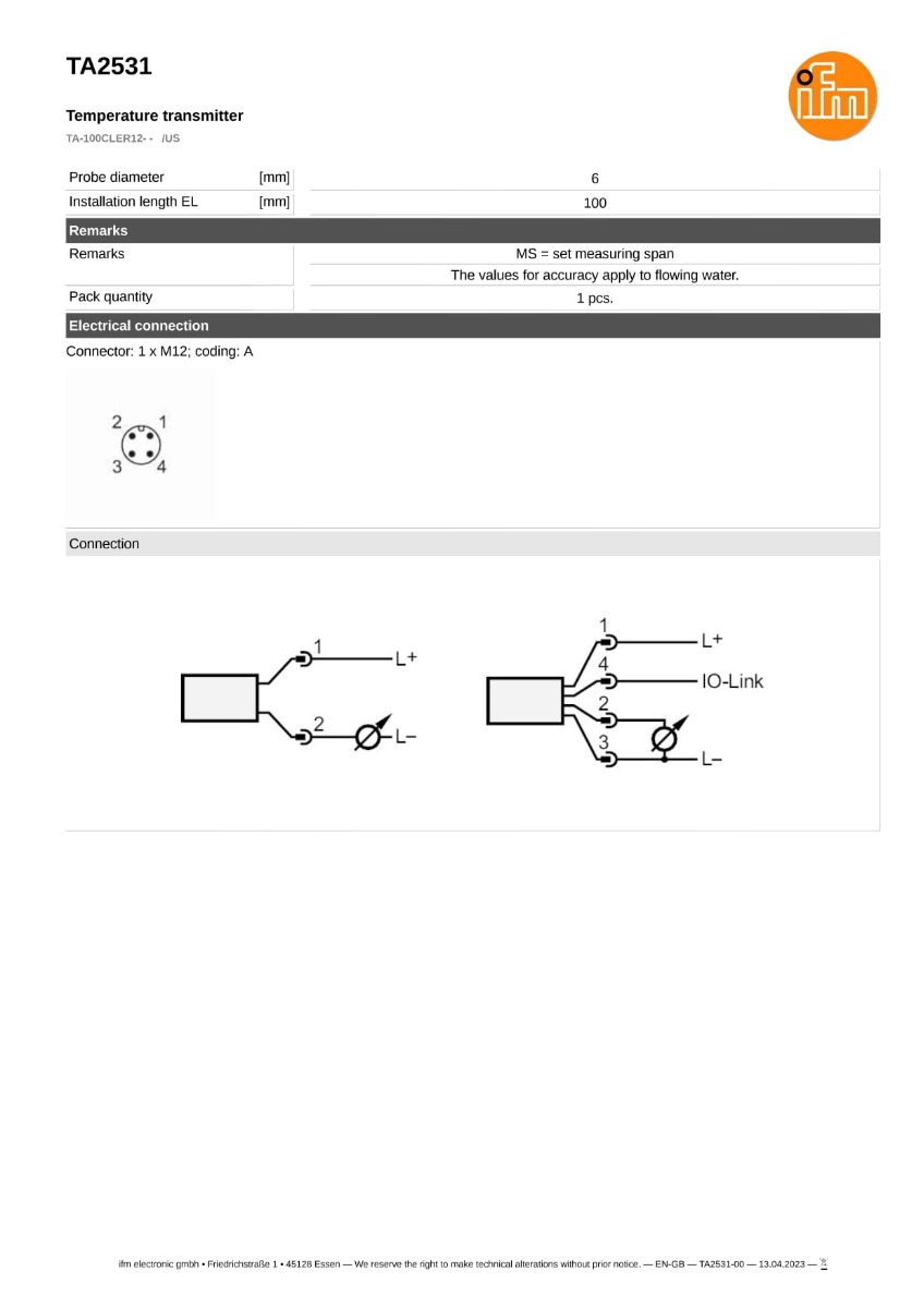 TA2531 \ efector 600 \ Temperature sensors \ TA-100CLER12- - /US \ US \