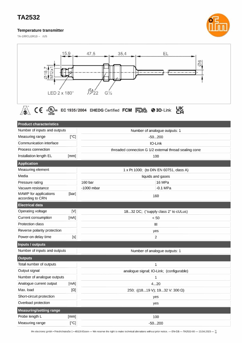 TA2532 \ efector 600 \ Temperature sensors \ TA-100CLER12- - /US \ US \