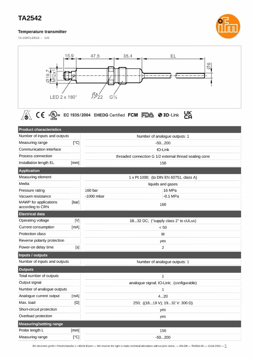 TA2542 \ efector 600 \ Temperature sensors \ TA-150CLER12- - /US \ US \