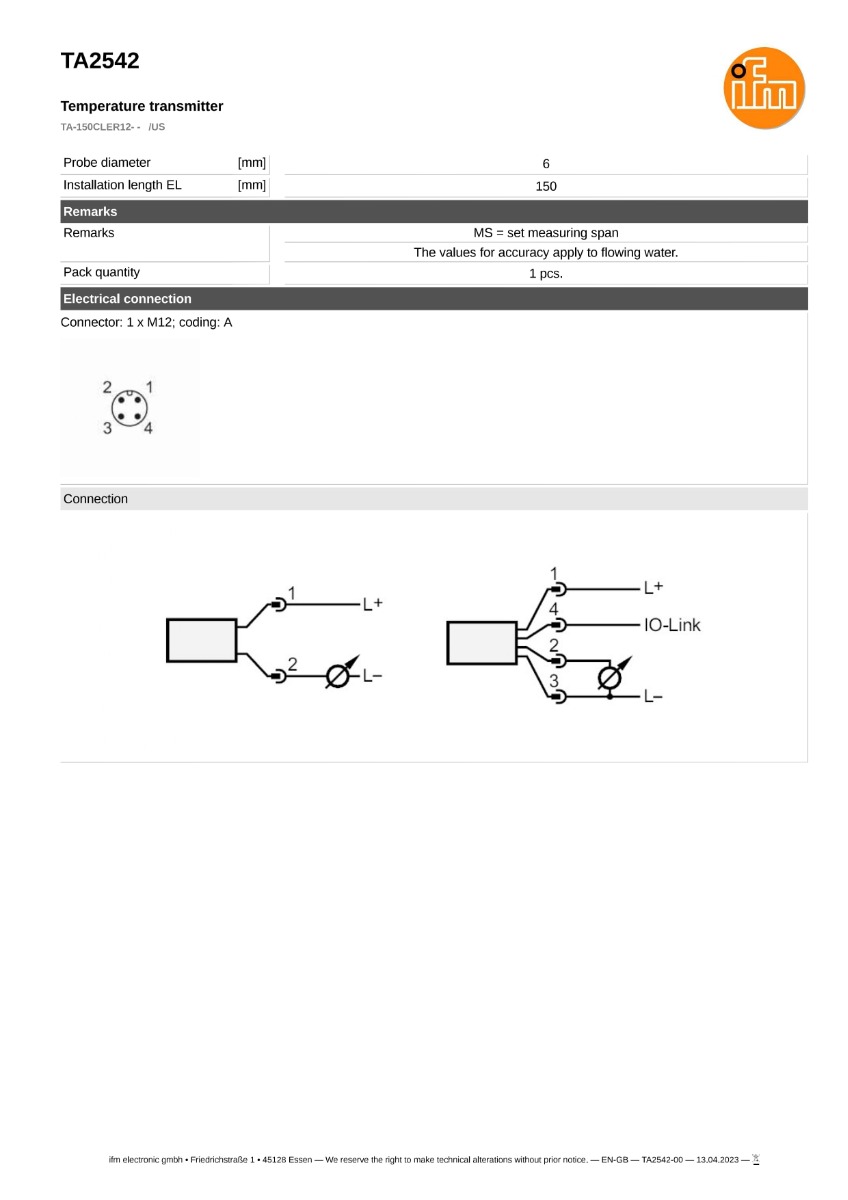 TA2542 \ efector 600 \ Temperature sensors \ TA-150CLER12- - /US \ US \