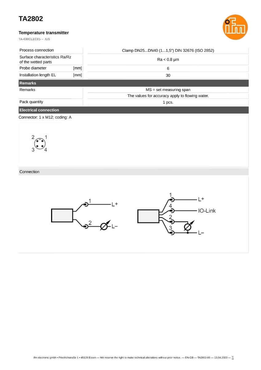 TA2802 \ efector 600 \ Temperature sensors \ TA-030CLEC01- - /US \ US \