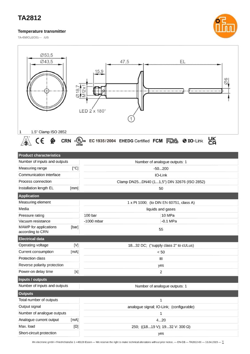 TA2812 \ efector 600 \ Temperature sensors \ TA-050CLEC01- - /US \ US \