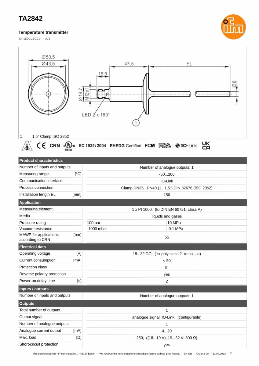 TA2842 \ efector 600 \ Temperature sensors \ TA-150CLEC01- - /US \ US \