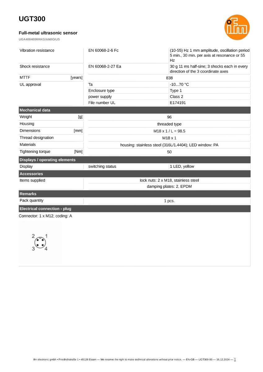 UGT300 \ efector 230 \ Ultrasonic sensors \ UGA400400RRKG/AM/IO/US