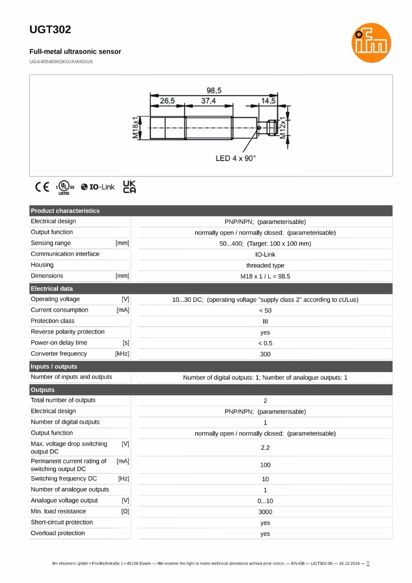 UGT302 \ efector 230 \ 超声波传感器 \ UGA400400R2KG/AM/IO/US \ IT