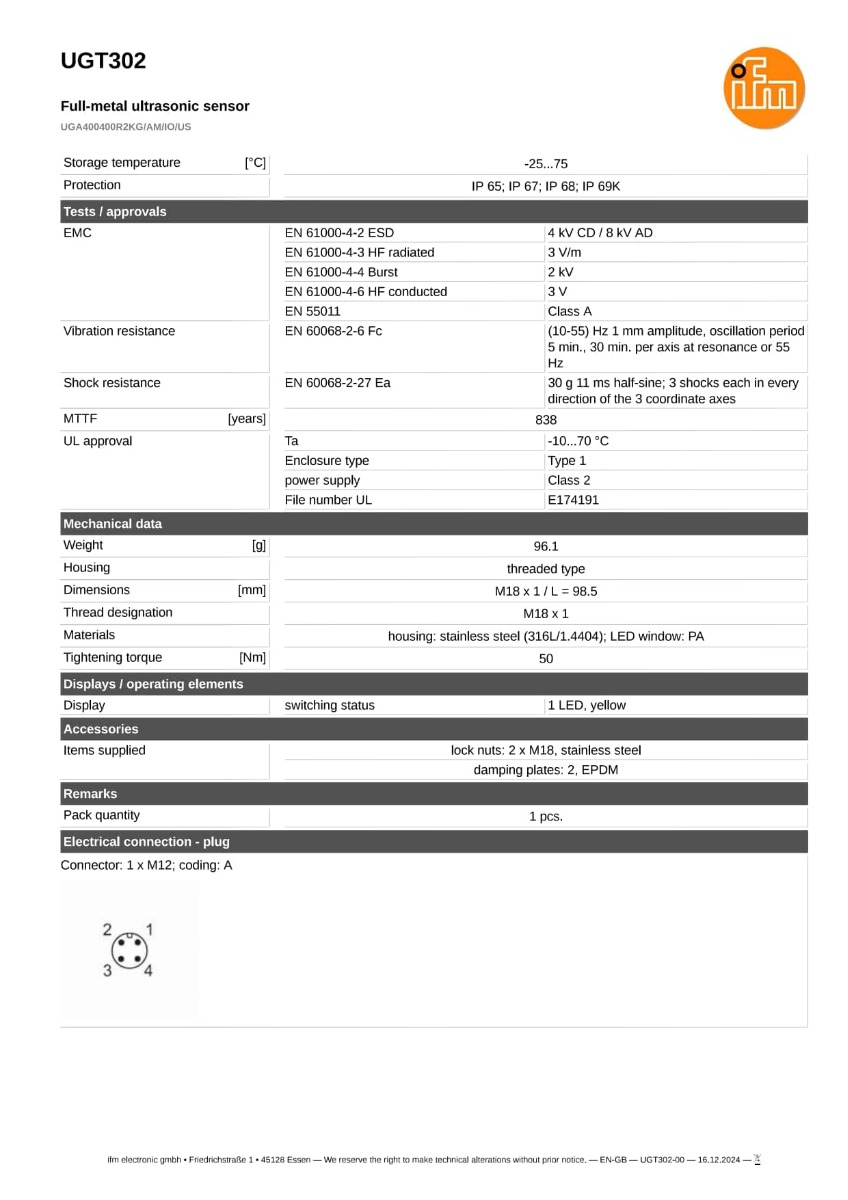 UGT302 \ efector 230 \ 超声波传感器 \ UGA400400R2KG/AM/IO/US \ IT