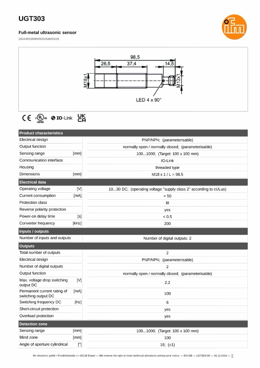 UGT303 \ efector 230 \ Ultrasonic sensors \ UGA401000RRKG/AM/IO/US \ IT