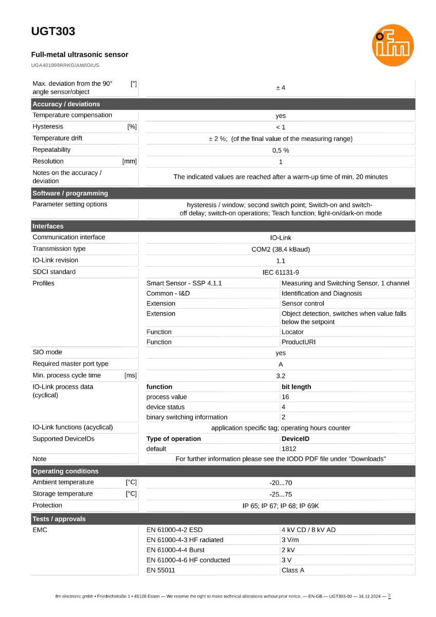 UGT303 \ efector 230 \ Ultrasonic sensors \ UGA401000RRKG/AM/IO/US \ IT