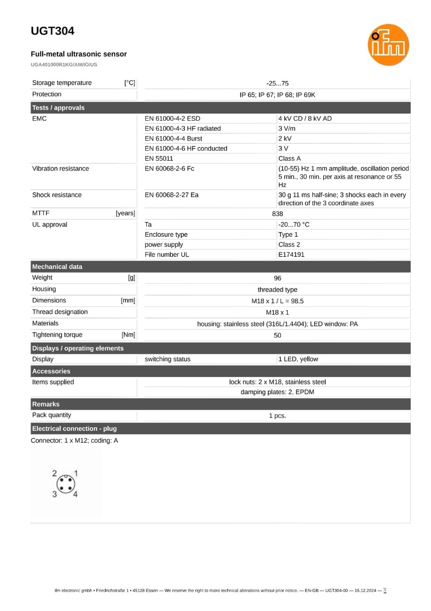 UGT304 \ efector 230 \ Ultrasonic sensors \ UGA401000R1KG/AM/IO/US \ IT