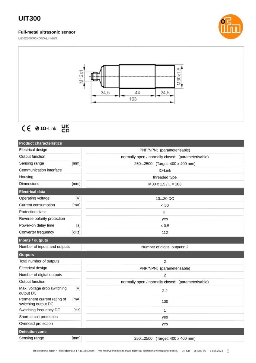 UIT300 \ efector 230 \ Ultrasonic sensors \ UID02500GOKG/IO-Link/US \ IT \