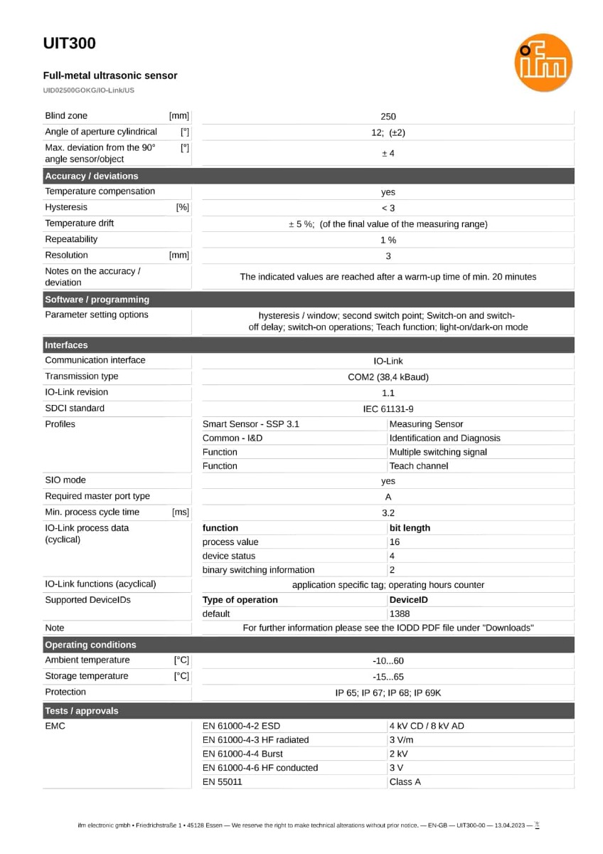 UIT300 \ efector 230 \ Ultrasonic sensors \ UID02500GOKG/IO-Link/US \ IT \