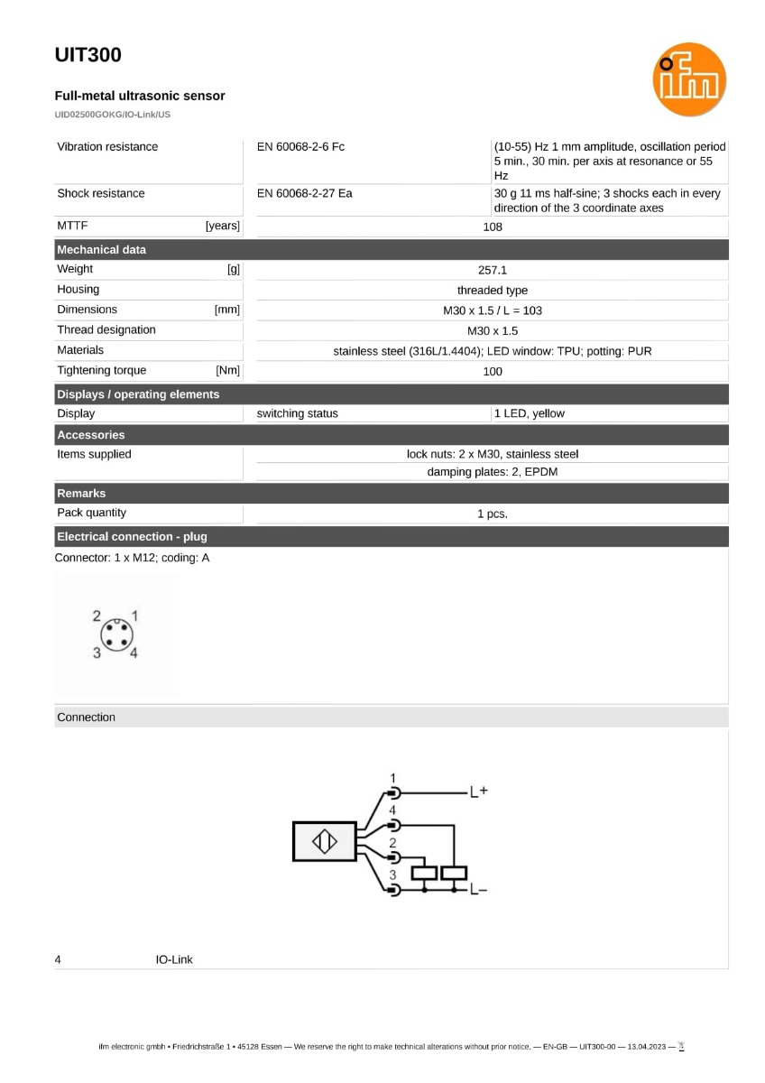 UIT300 \ efector 230 \ Ultrasonic sensors \ UID02500GOKG/IO-Link/US \ IT \