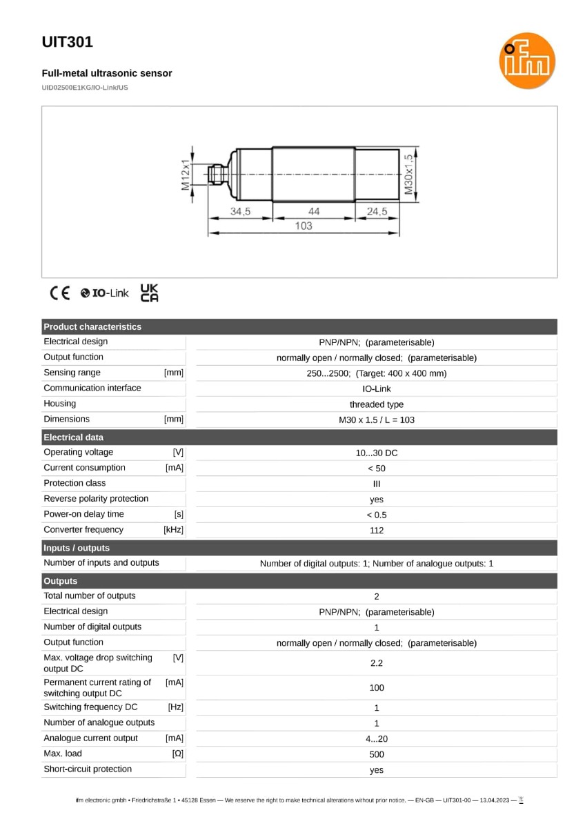 UIT301 \ efector 230 \ Ultrasonic sensors \ UID02500E1KG/IO-Link/US \ IT \