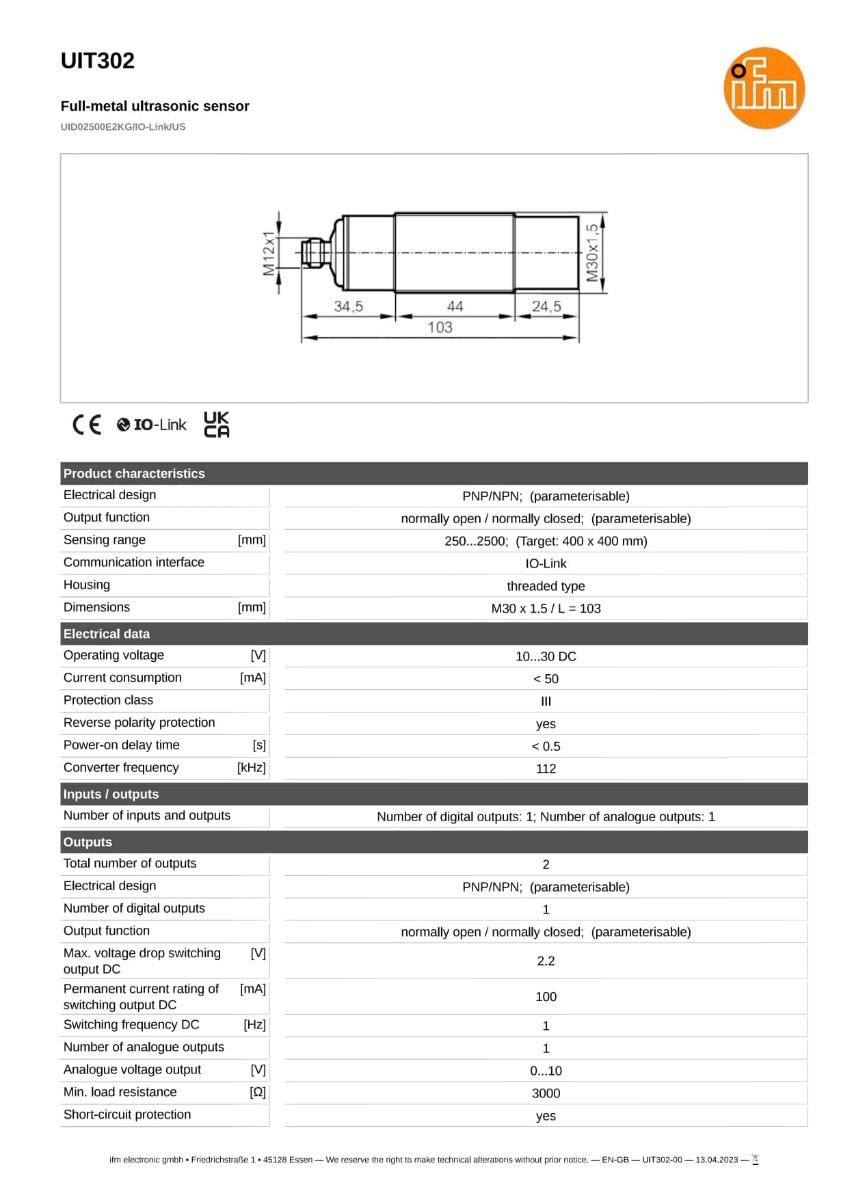 UIT302 \ efector 230 \ Ultrasonic sensors \ UID02500E2KG/IO-Link/US \ IT \
