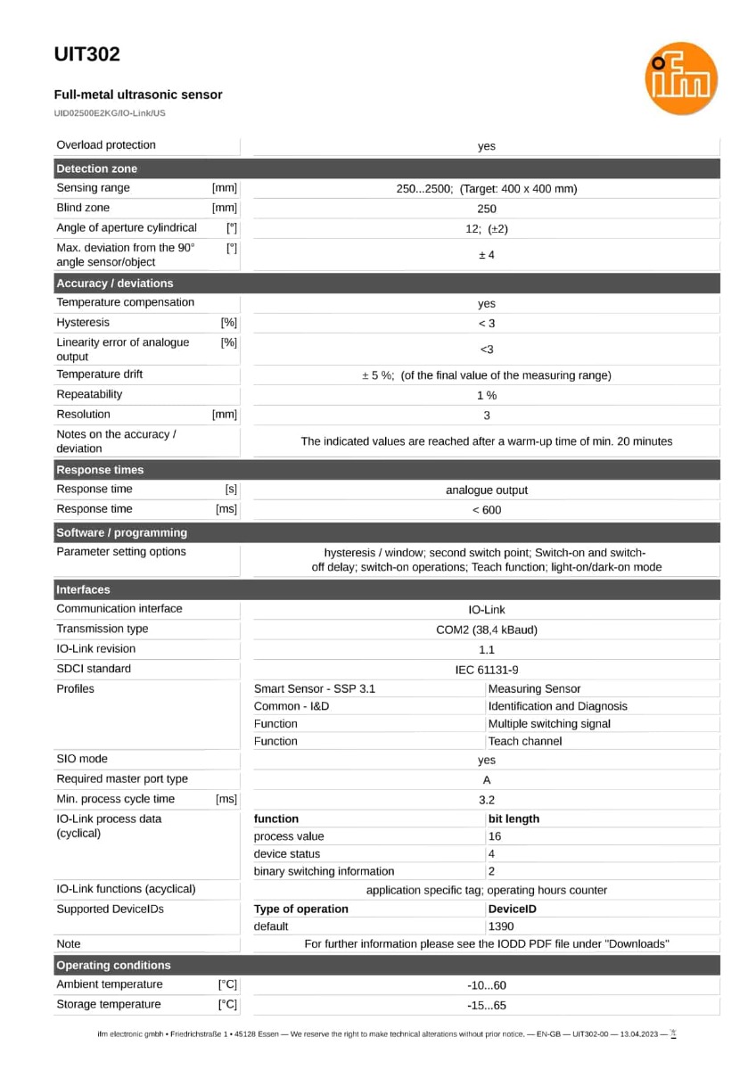 UIT302 \ efector 230 \ Ultrasonic sensors \ UID02500E2KG/IO-Link/US \ IT \