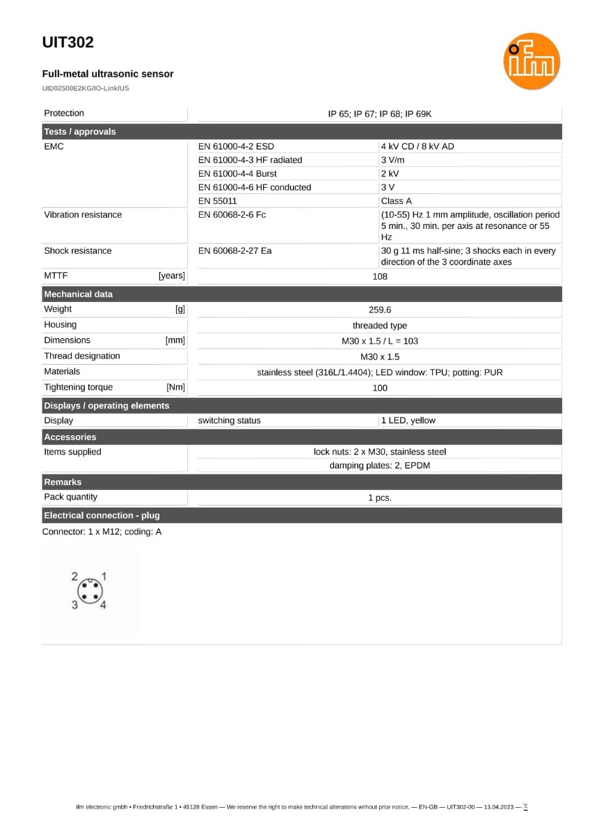 UIT302 \ efector 230 \ Ultrasonic sensors \ UID02500E2KG/IO-Link/US \ IT \