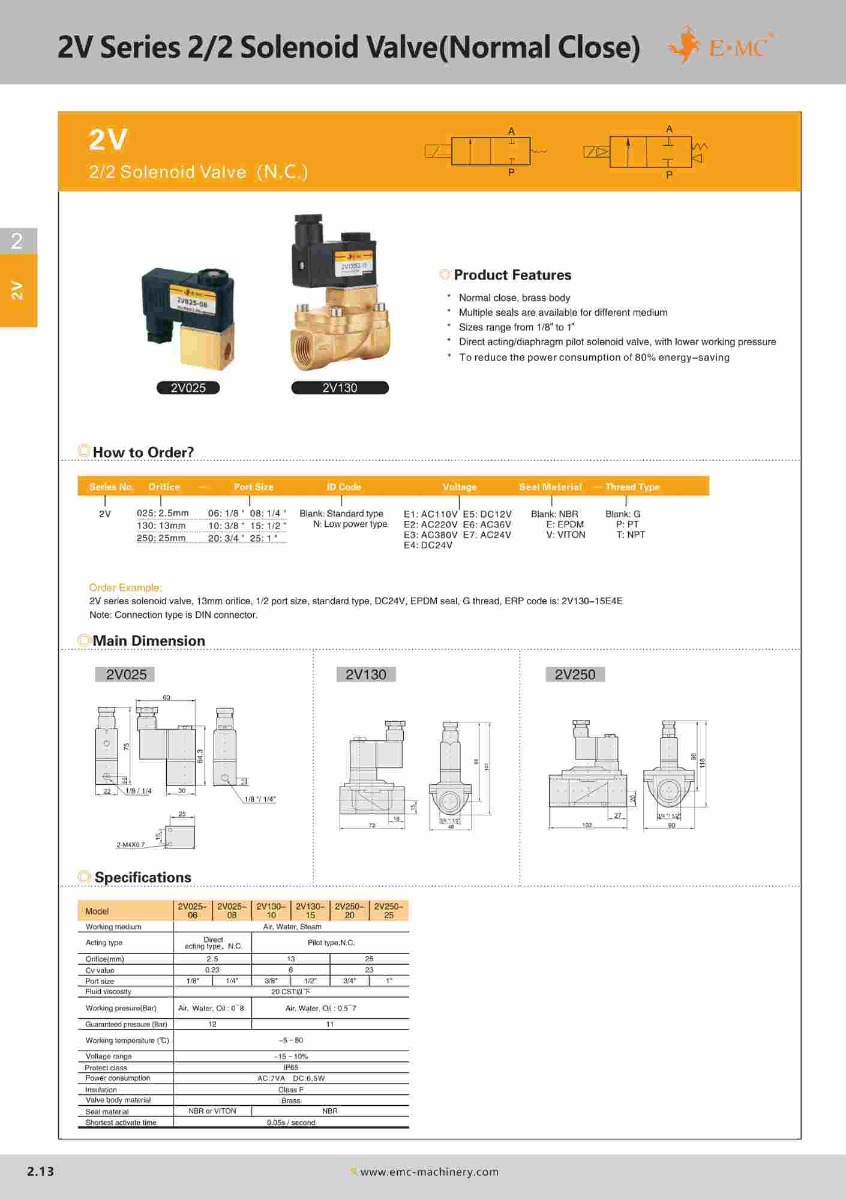 2V025-06E2-P \ Solenoid Valve (N.C.) \ 2/2 Direct Acting / PT1/8” \ E.MC