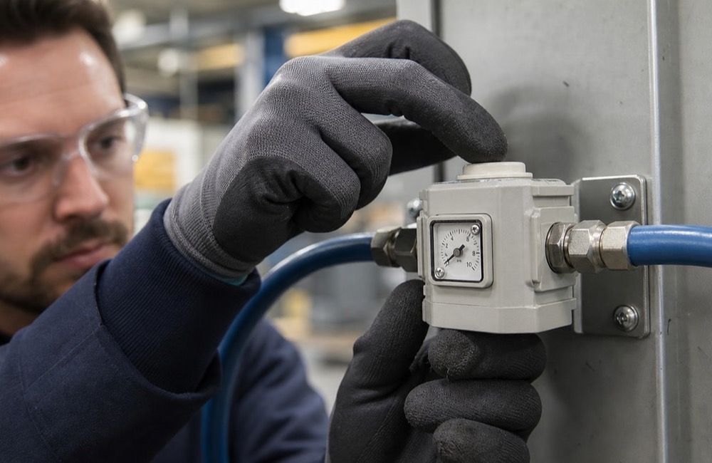 ช่างเทคนิคตั้งค่า regulator ปรับลมที่หน้างาน