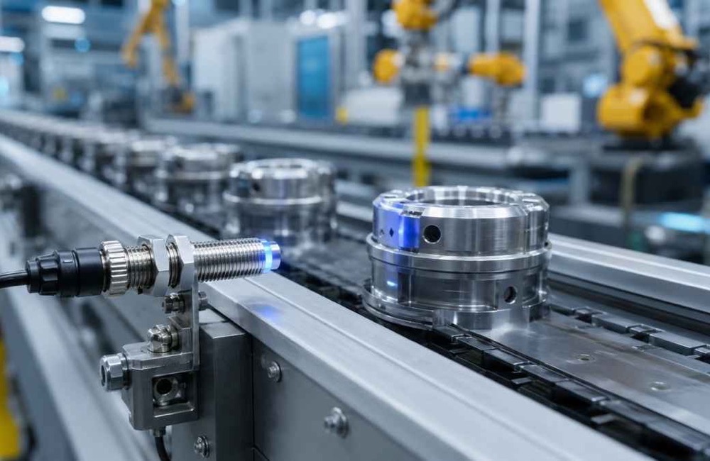 IFM Proximity Sensor ตรวจจับชิ้นส่วนโลหะในสายการผลิต