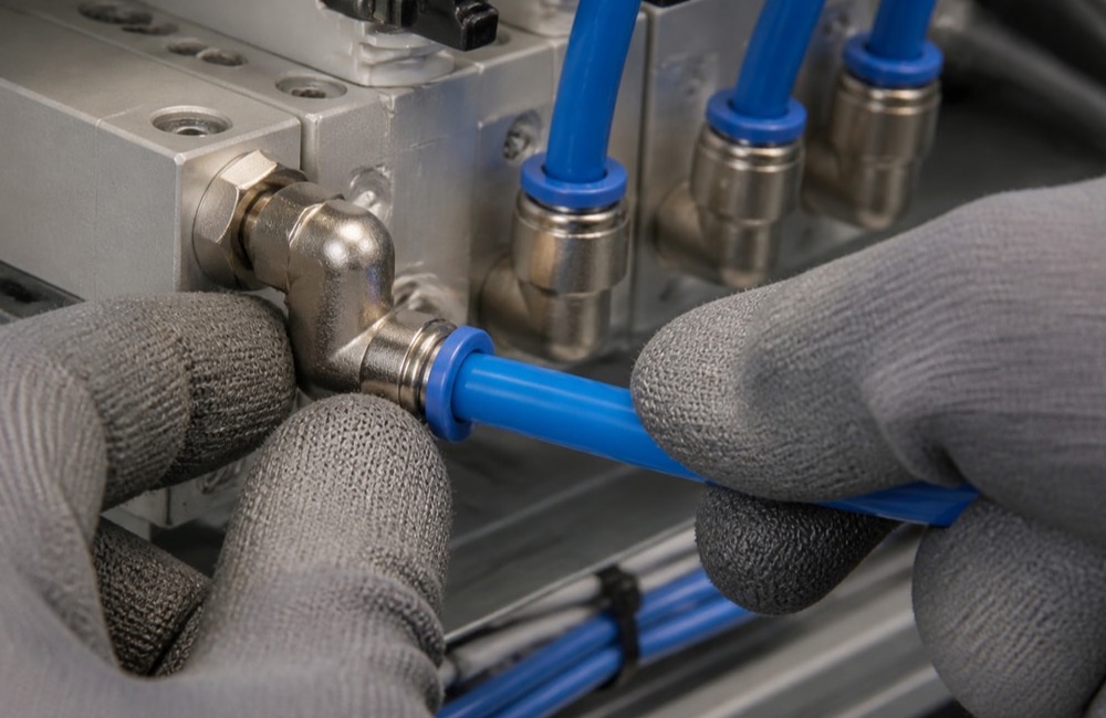 การเสียบ PU Tube เข้ากับข้อต่อลมแบบ Push-in fitting