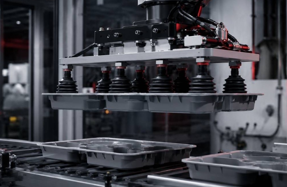 ชุด Vacuum Suction Cup หลายตัวบนแขนกลในสายการผลิต